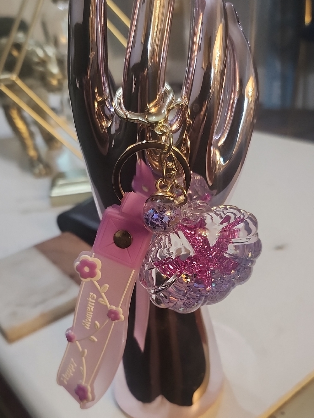 Pink Glitter Pumpkin Key & Card Holder Charm with Floral Strap
